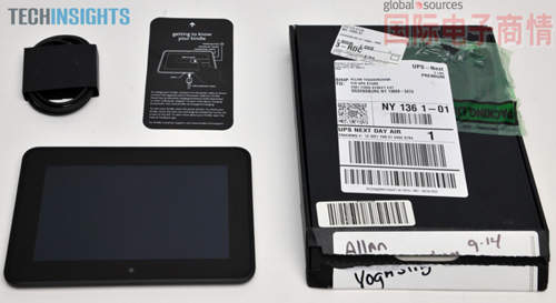 《国际电子商情》拆解前：项目单纯的Kindle Fire HD外盒、主机与配件